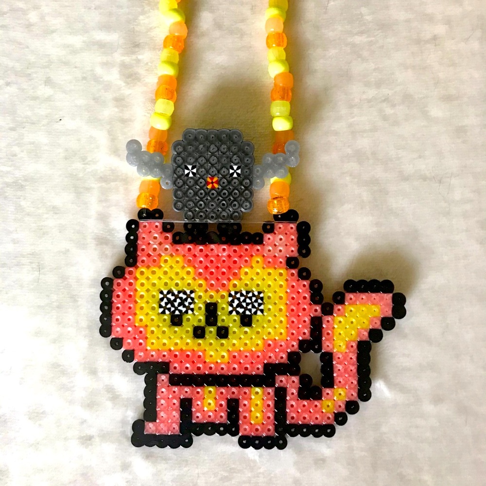 Handmade Kandi Necklace – Hazy Kitty & Owl Charm Duo | Cute Kawaii Beaded Rave F